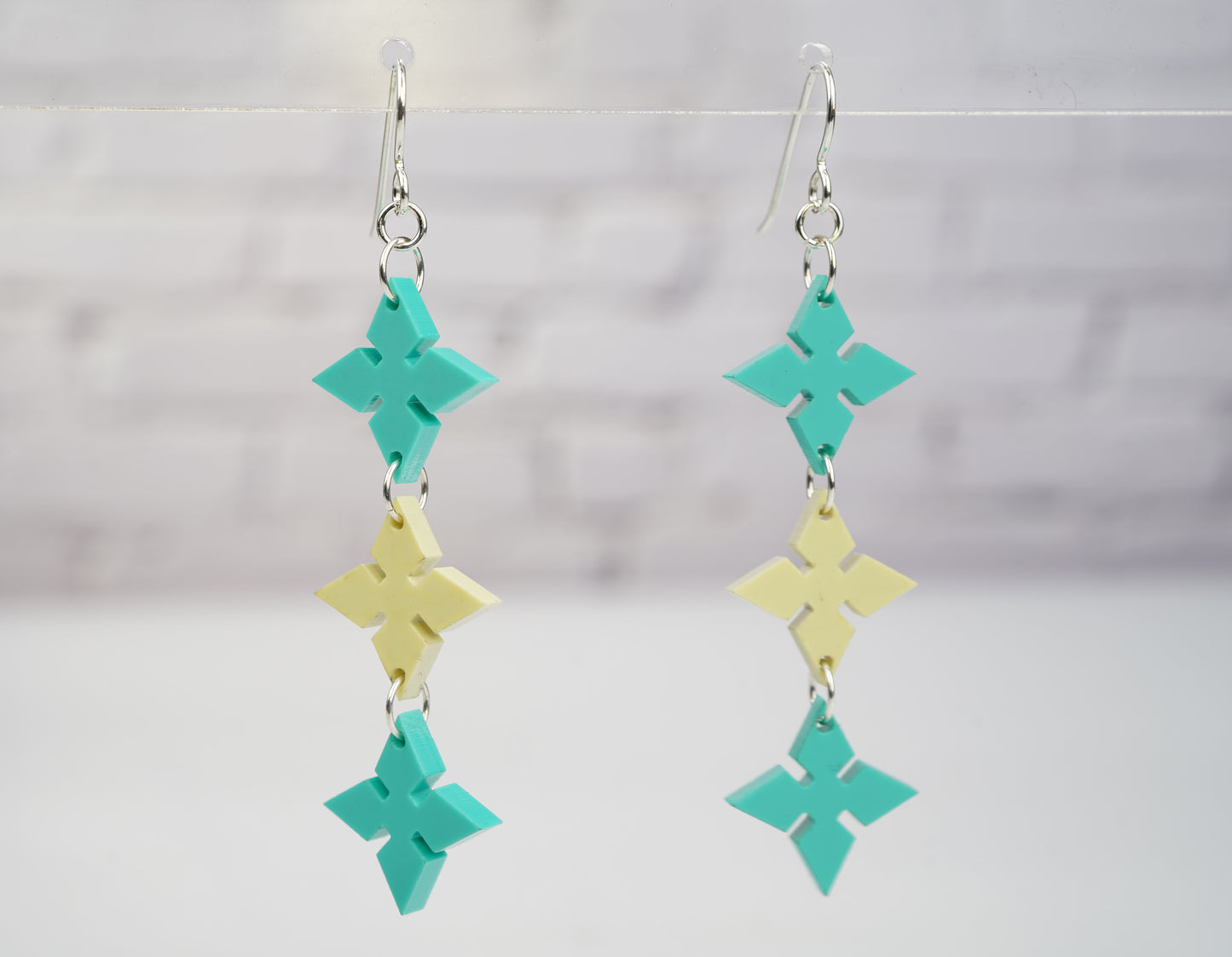 Pointed Diamond Dangle Earrings- Teal and Pale Yellow