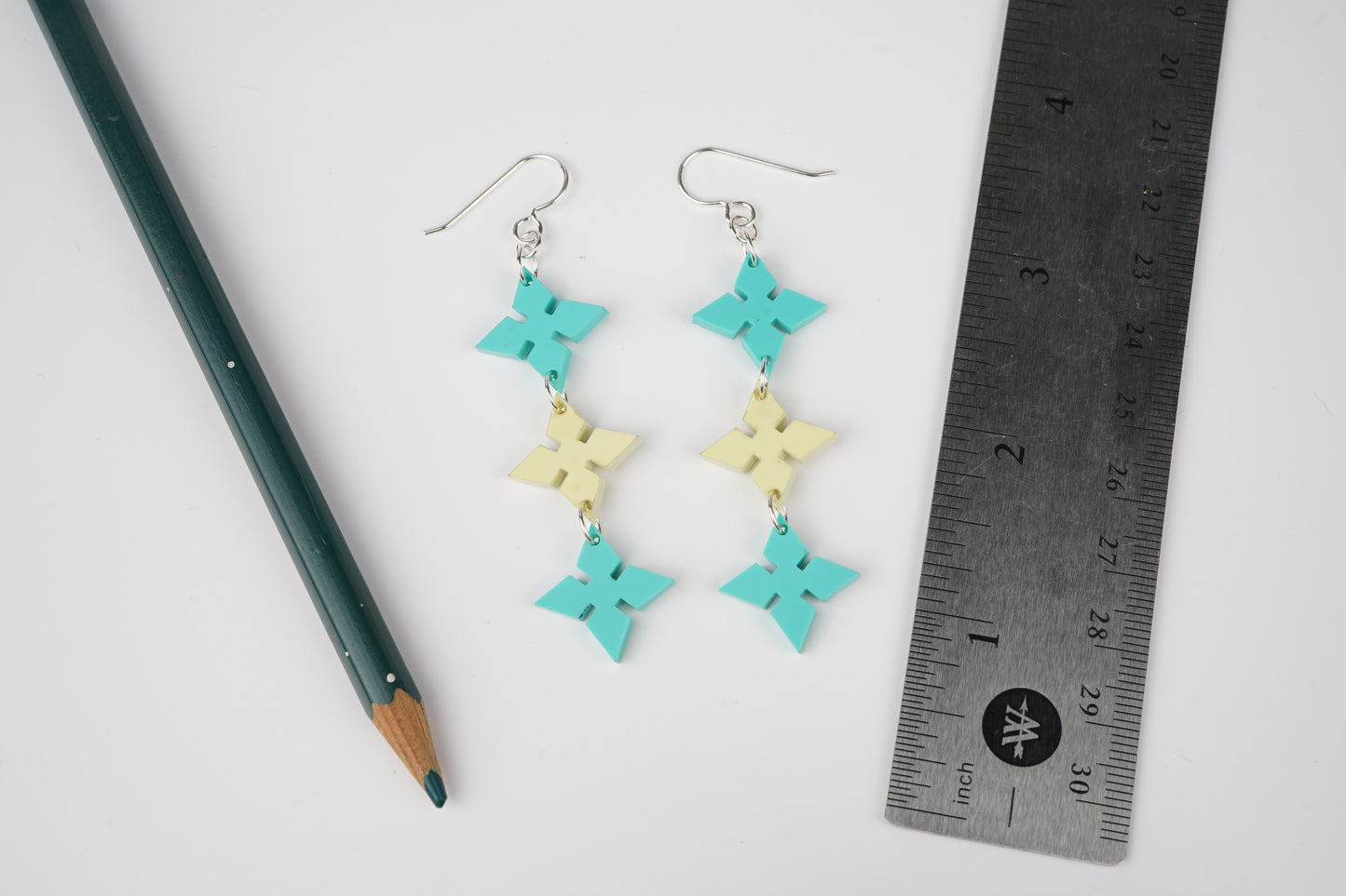 Pointed Diamond Dangle Earrings- Teal and Pale Yellow
