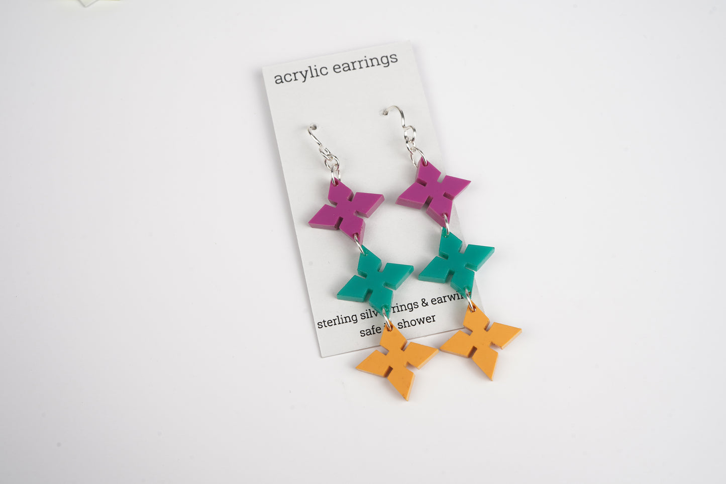 Pointed Diamond Dangle Earrings- Mardi Gras colors