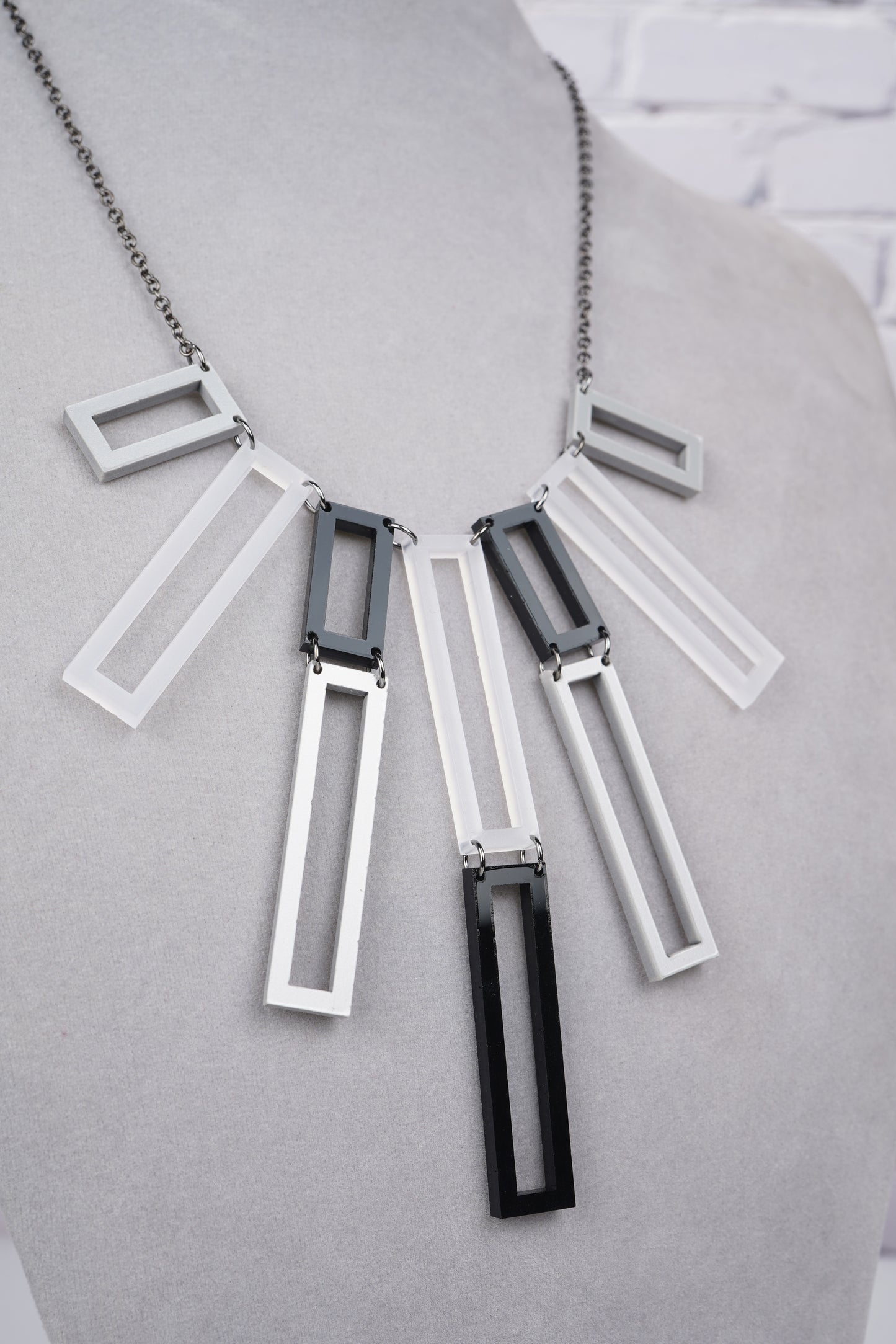 Geometric Rectangular Layered Necklace- Black and White
