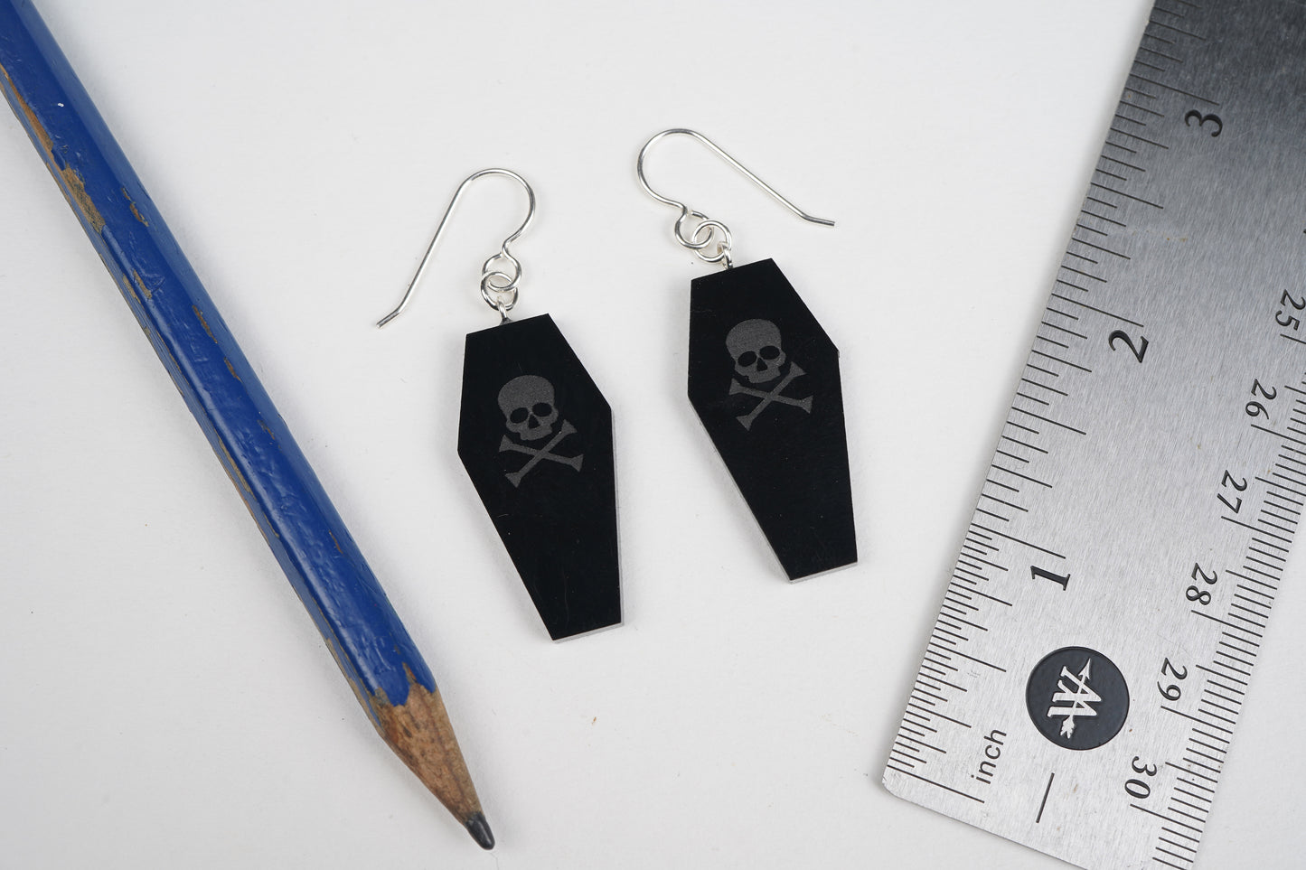 Black coffin earrings with skull and crossbone