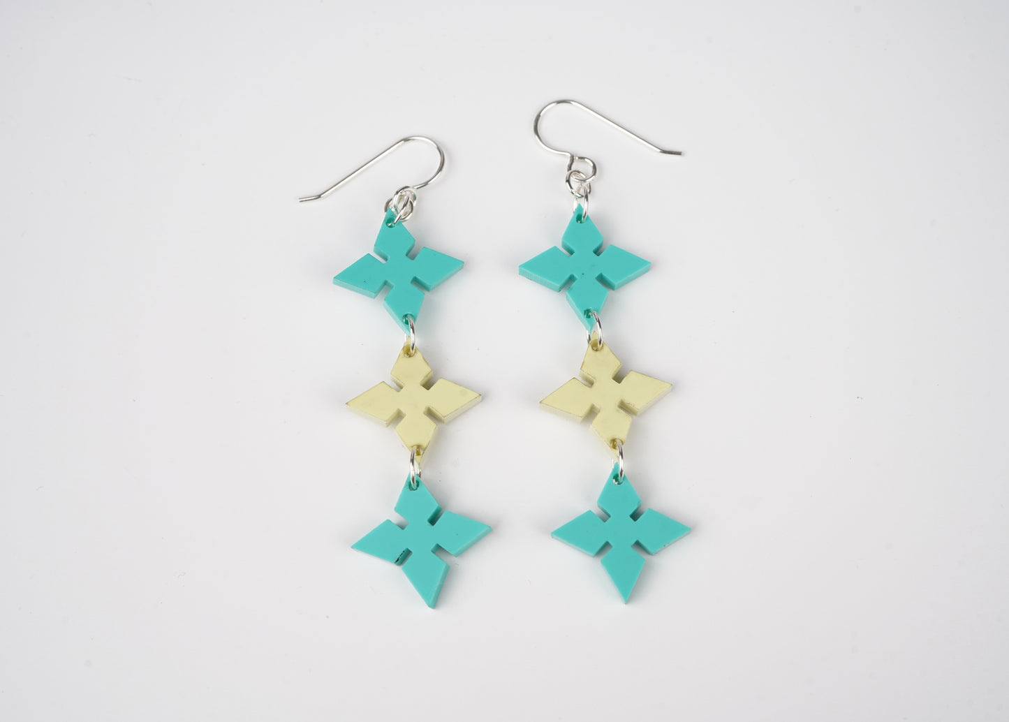 Pointed Diamond Dangle Earrings- Teal and Pale Yellow