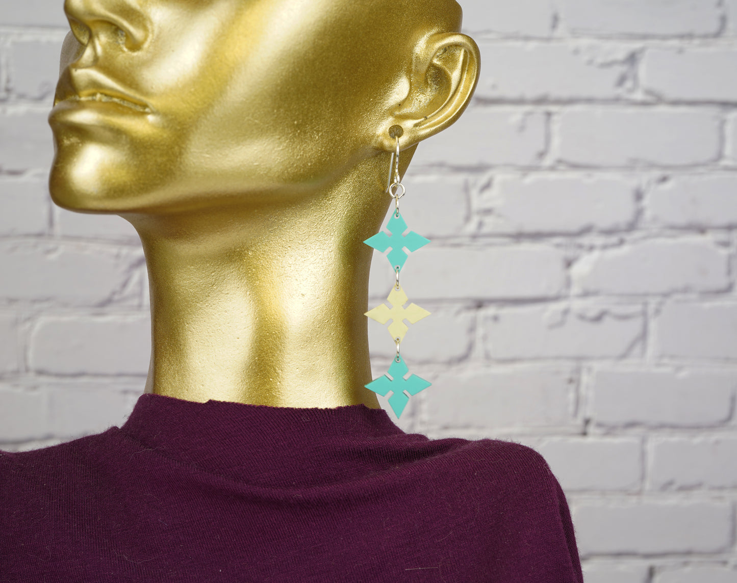 Pointed Diamond Dangle Earrings- Teal and Pale Yellow