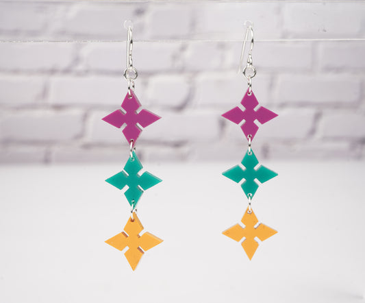 Pointed Diamond Dangle Earrings- Mardi Gras colors