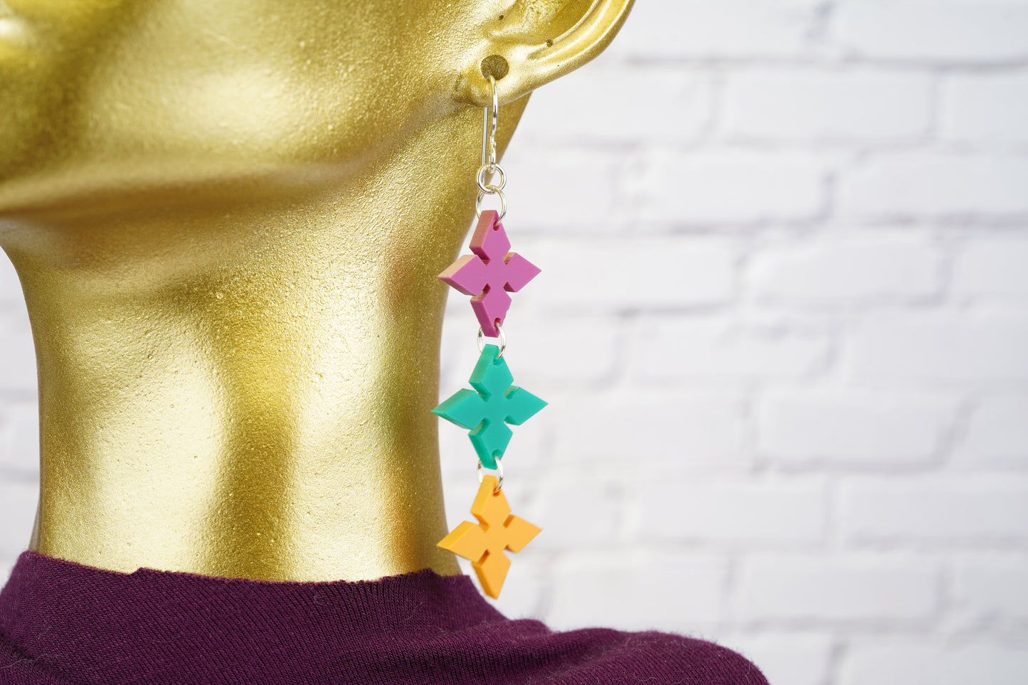 Pointed Diamond Dangle Earrings- Mardi Gras colors