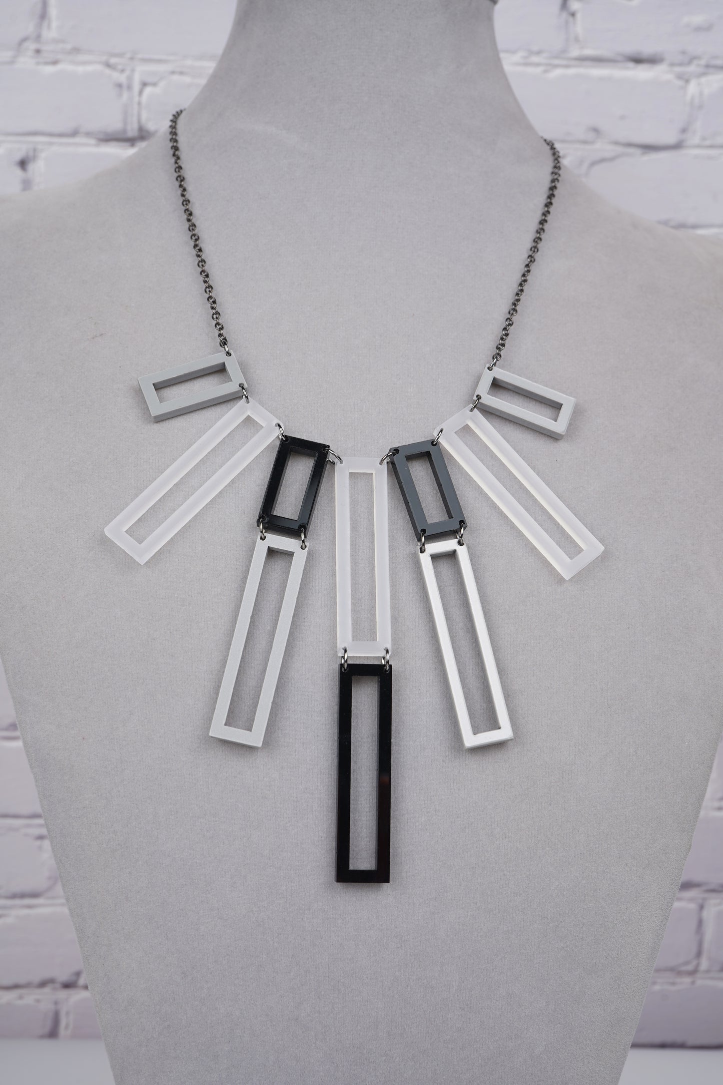 Geometric Rectangular Layered Necklace- Black and White