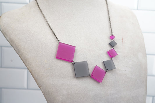 Square Diamond Necklace - Black and Magenta